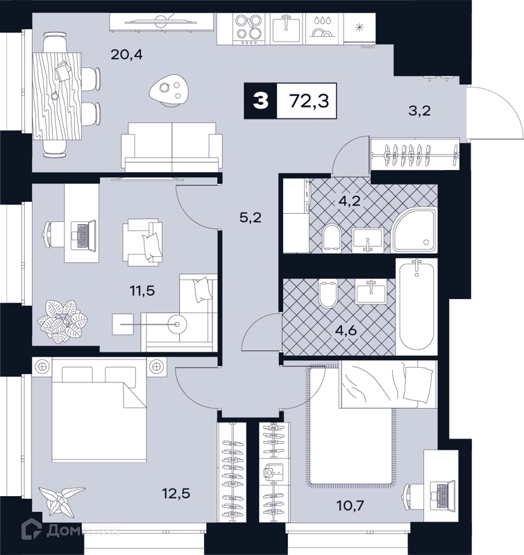 3-комнатная квартира 72.3 м² ЮТУ