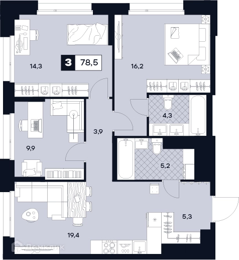 3-комнатная квартира 78.5 м² ЮТУ