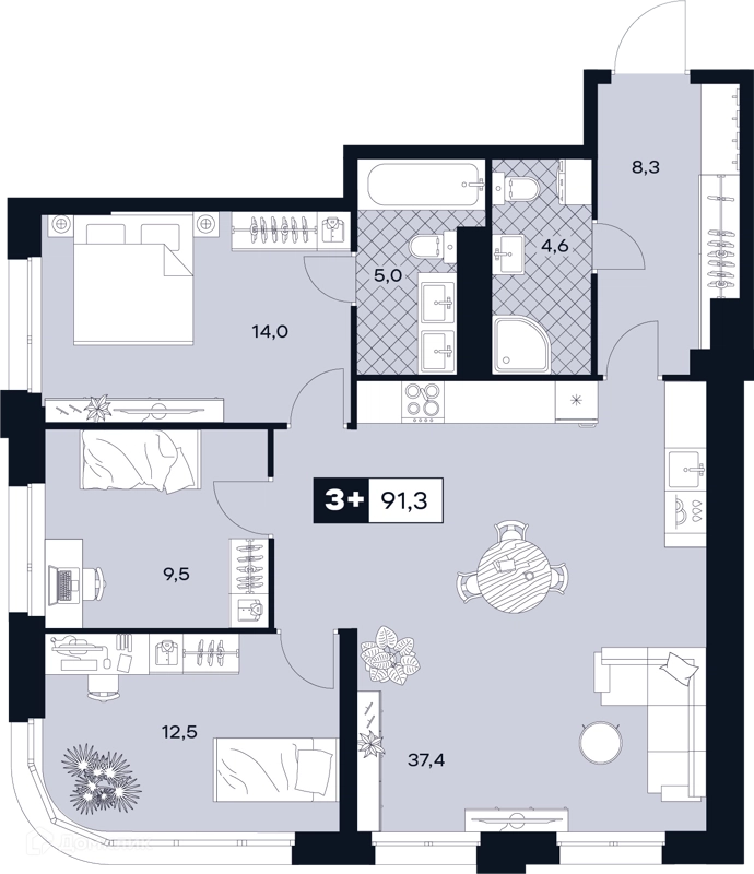 3-комнатная квартира 91.3 м² ЮТУ