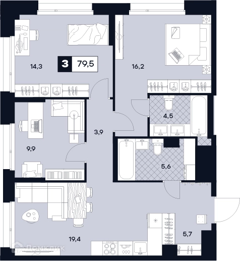 3-комнатная квартира 79.5 м² ЮТУ