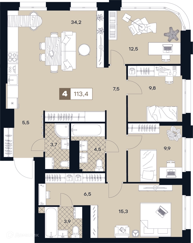 4-комнатная квартира 113.4 м² ЮТУ