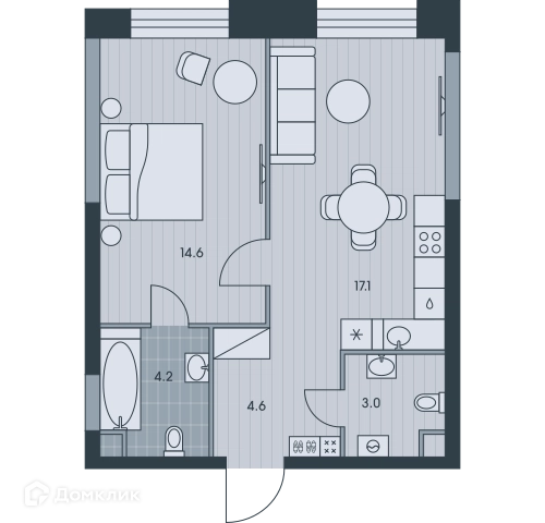 2-комнатная квартира 43.7 м² ЭВЕР