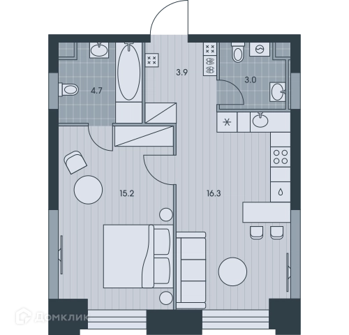 2-комнатная квартира 43.1 м² ЭВЕР
