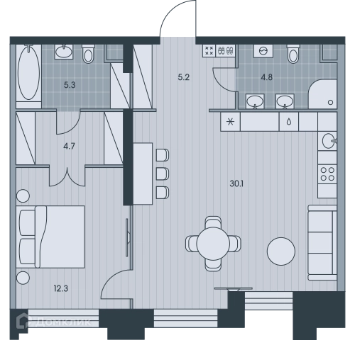 2-комнатная квартира 62.1 м² ЭВЕР