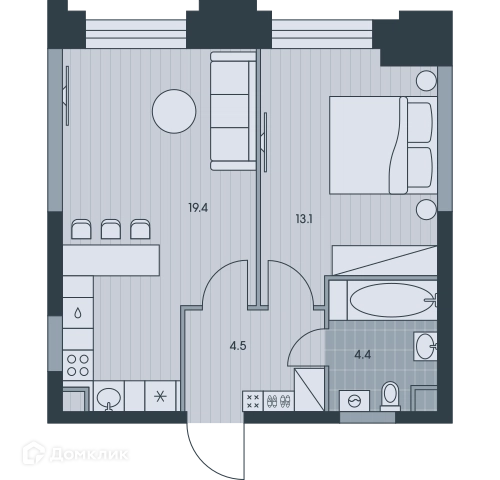 2-комнатная квартира 41.4 м² ЭВЕР