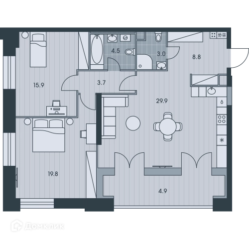 3-комнатная квартира 90.7 м² ЭВЕР