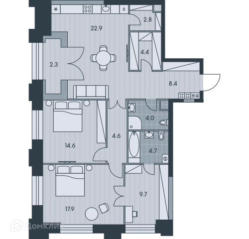 3-комнатная квартира 96.1 м² ЭВЕР