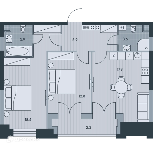 3-комнатная квартира 65.9 м² ЭВЕР