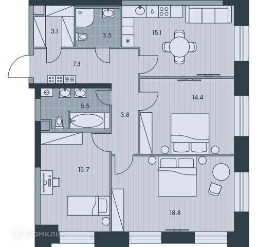 3-комнатная квартира 85.1 м² ЭВЕР
