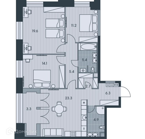 4-комнатная квартира 95.3 м² ЭВЕР