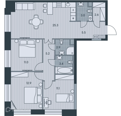 4-комнатная квартира 82.9 м² ЭВЕР