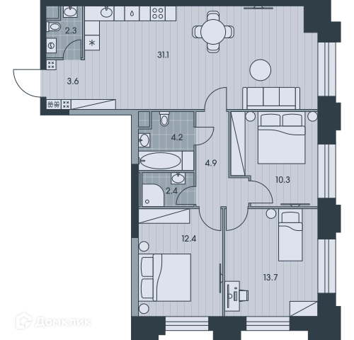 4-комнатная квартира 84.9 м² ЭВЕР