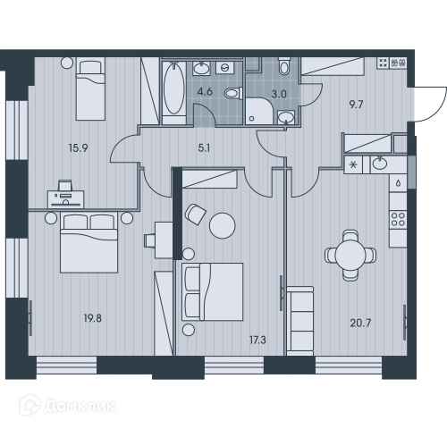 4-комнатная квартира 96.1 м² ЭВЕР