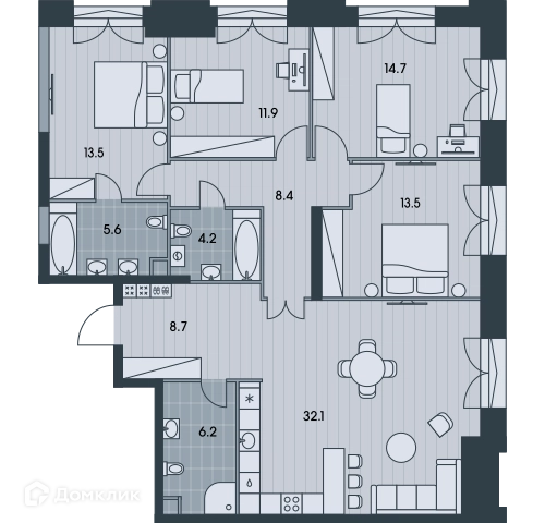 5-комнатная квартира 118.8 м² ЭВЕР