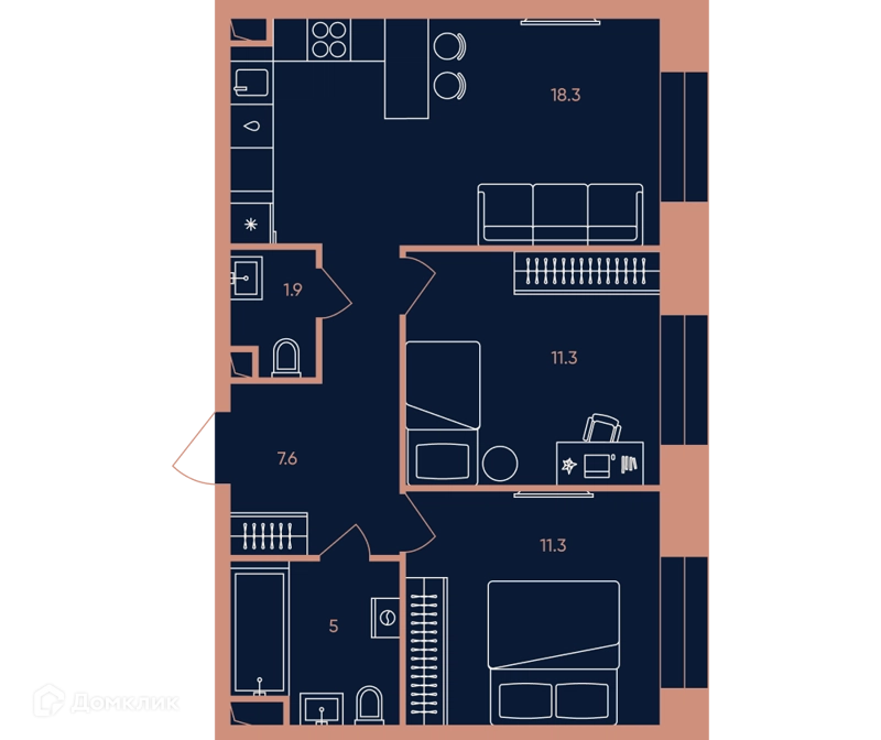 3-комнатная квартира 55.6 м² ЭРА
