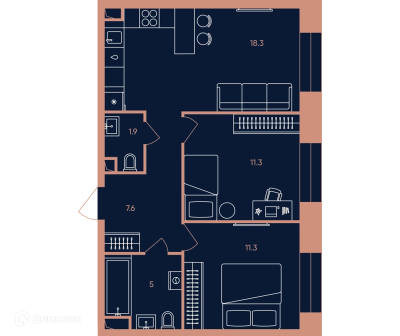 3-комнатная квартира 55.4 м² ЭРА