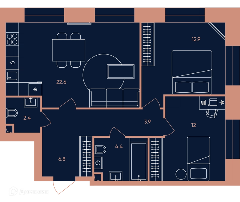 3-комнатная квартира 64.9 м² ЭРА