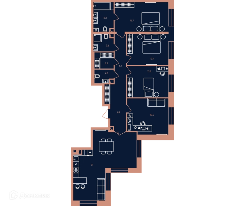 5-комнатная квартира 121 м² ЭРА
