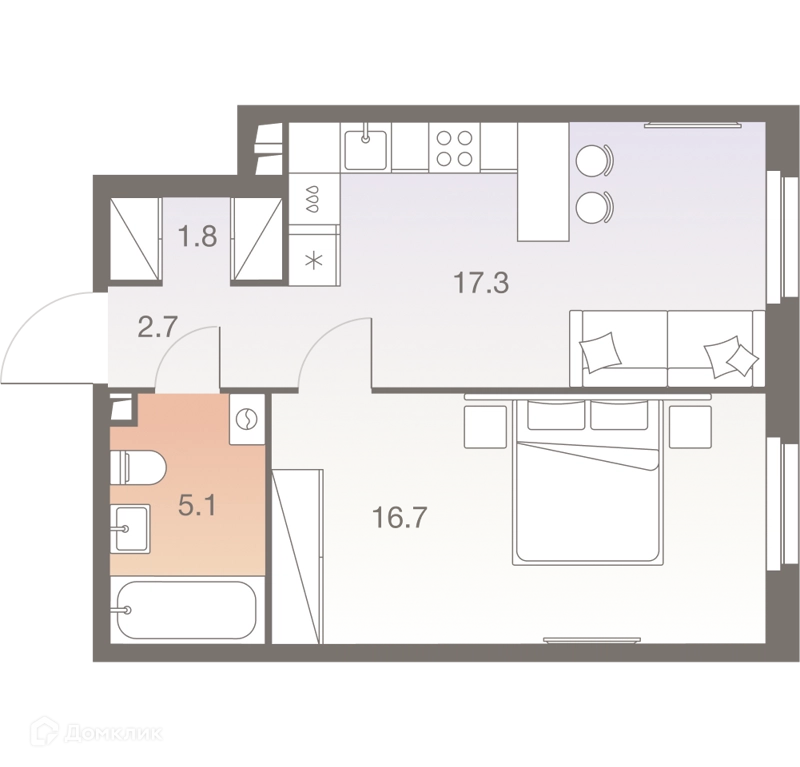 2-комнатная квартира 43.6 м² ТВЕЛВ
