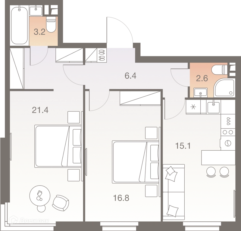 2-комнатная квартира 65.5 м² ТВЕЛВ