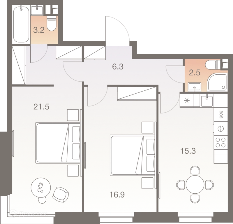 2-комнатная квартира 65.7 м² ТВЕЛВ