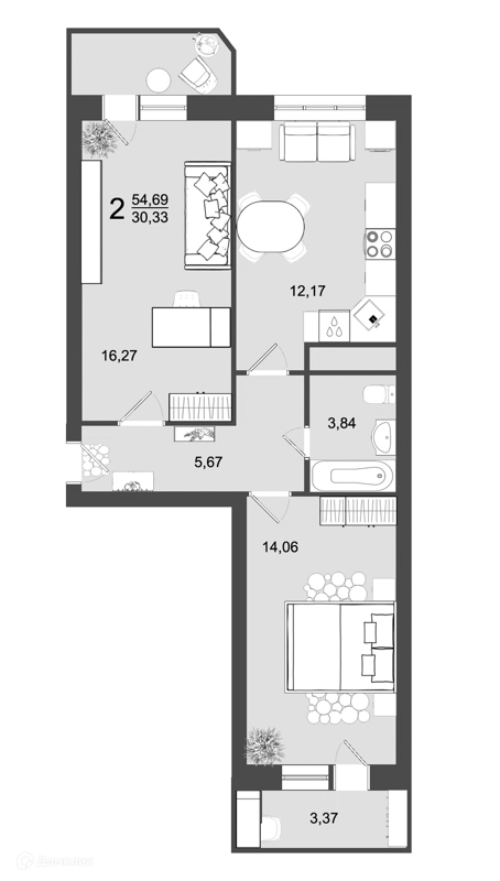 2-комнатная квартира 54.69 м² Майданово Парк