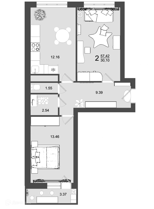 2-комнатная квартира 57.42 м² Майданово Парк