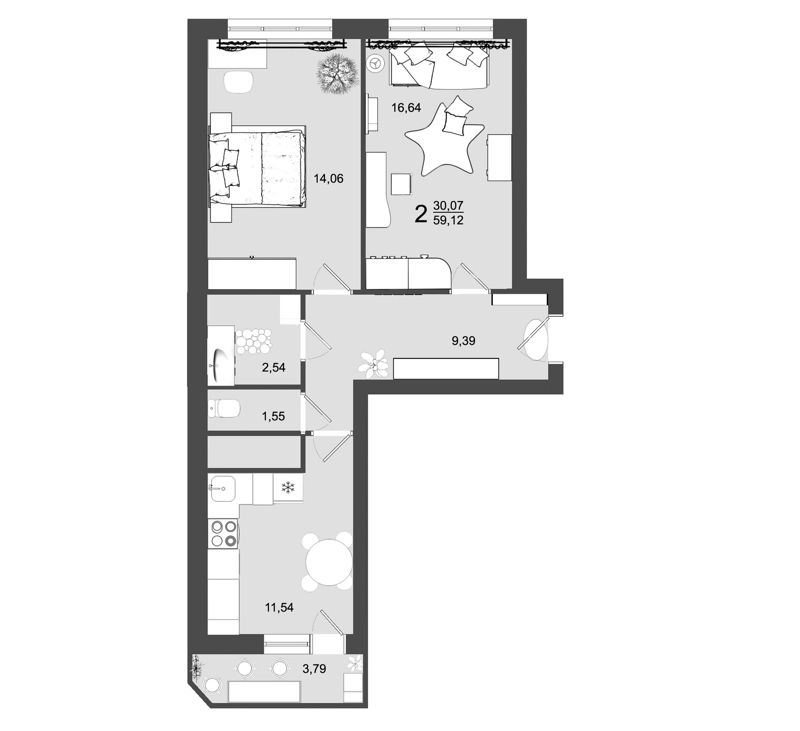 2-комнатная квартира 59.12 м² Майданово Парк