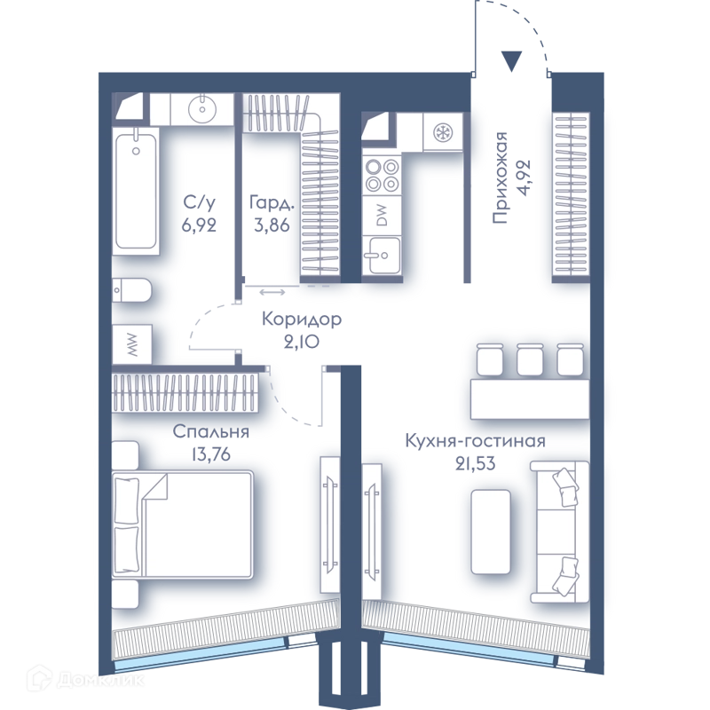 1-комнатная квартира 53.09 м² Дом Дау