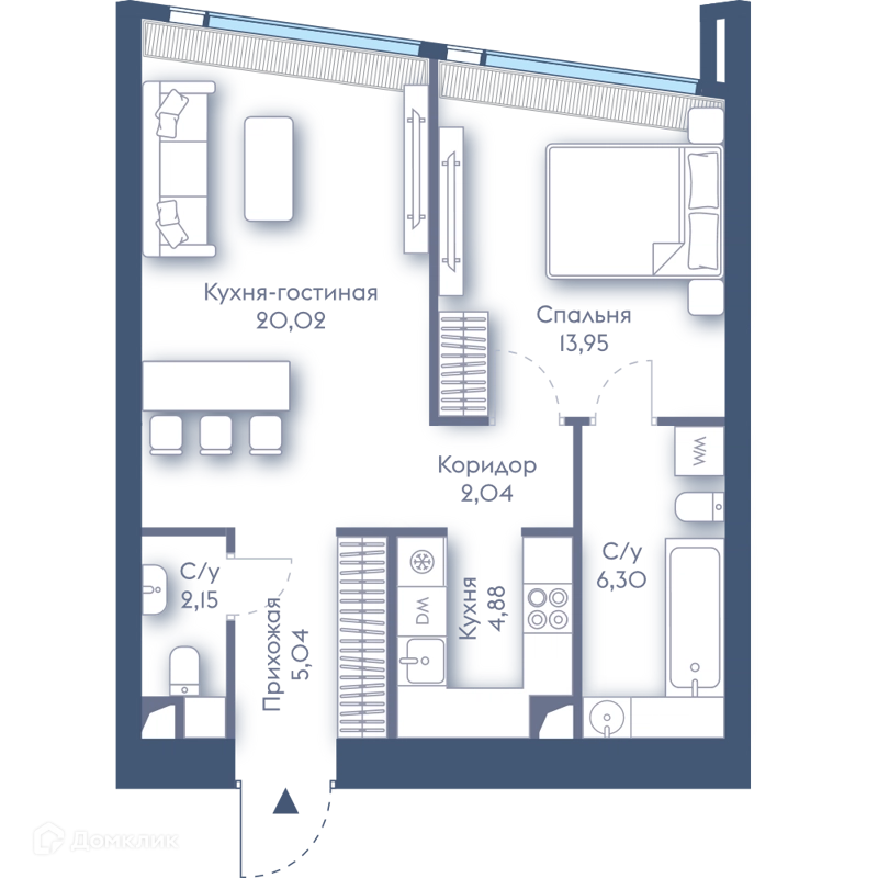1-комнатная квартира 54.38 м² Дом Дау