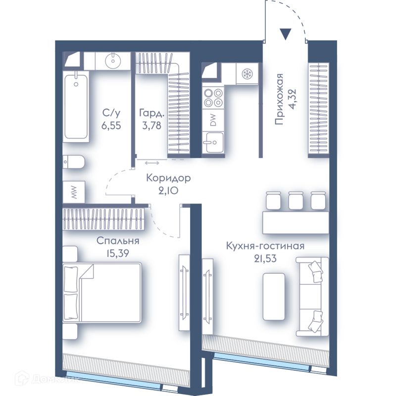 1-комнатная квартира 53.67 м² Дом Дау