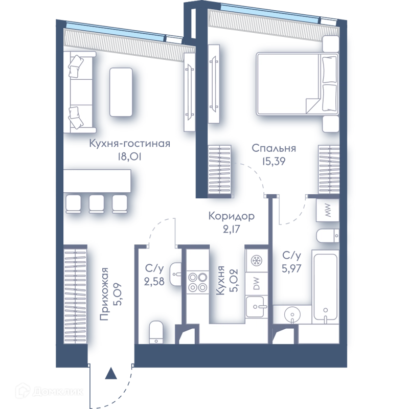 1-комнатная квартира 54.23 м² Дом Дау