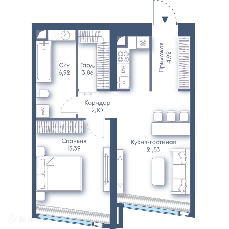 1-комнатная квартира 54.72 м² Дом Дау