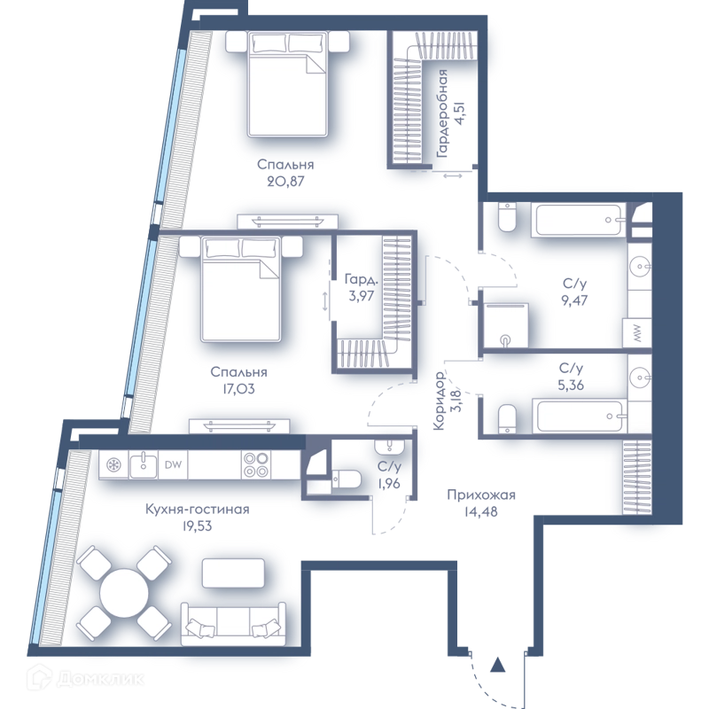 2-комнатная квартира 100.36 м² Дом Дау