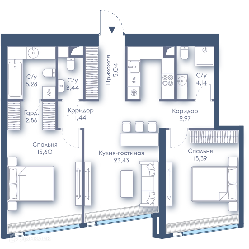 2-комнатная квартира 78.59 м² Дом Дау