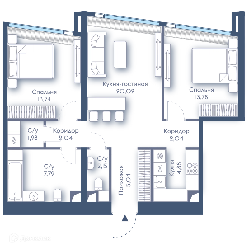 2-комнатная квартира 73.7 м² Дом Дау
