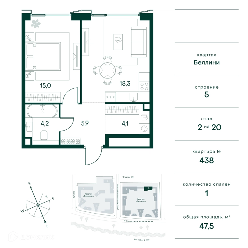 1-комнатная квартира 48 м² Клубный город на реке Примавера