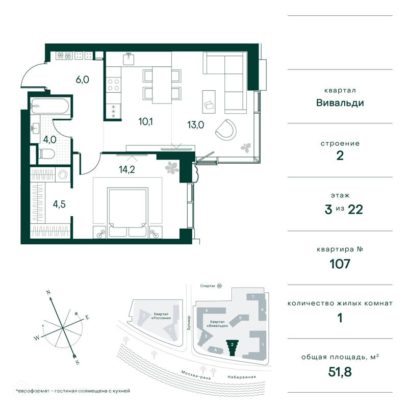 1-комнатная квартира 52 м² Клубный город на реке Примавера