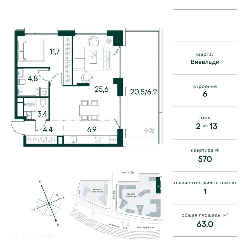 1-комнатная квартира 63 м² Клубный город на реке Примавера