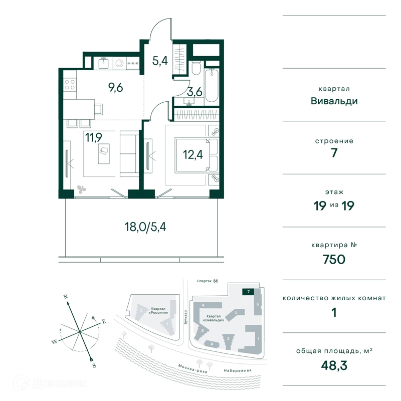 1-комнатная квартира 48 м² Клубный город на реке Примавера