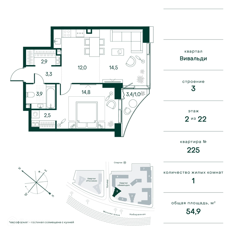 1-комнатная квартира 55 м² Клубный город на реке Примавера