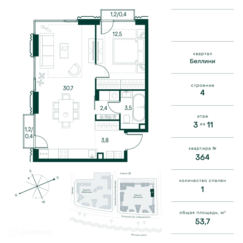 1-комнатная квартира 54 м² Клубный город на реке Примавера
