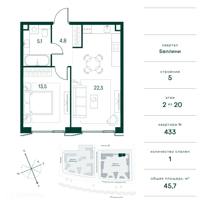 1-комнатная квартира 46 м² Клубный город на реке Примавера