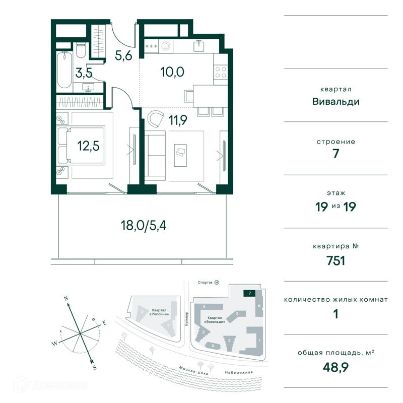 1-комнатная квартира 49 м² Клубный город на реке Примавера