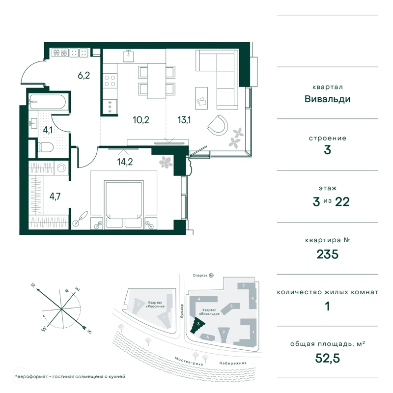 1-комнатная квартира 52 м² Клубный город на реке Примавера