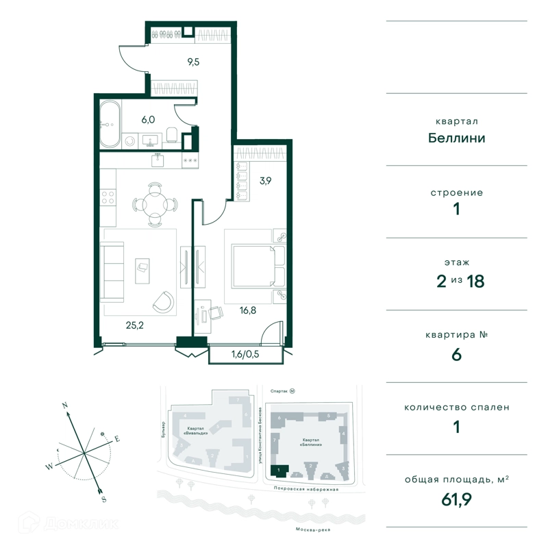 1-комнатная квартира 62 м² Клубный город на реке Примавера
