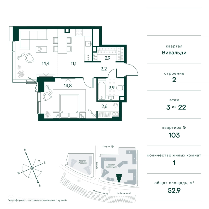 1-комнатная квартира 53 м² Клубный город на реке Примавера