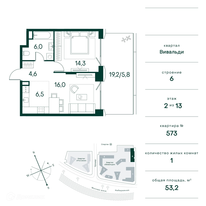 1-комнатная квартира 53 м² Клубный город на реке Примавера