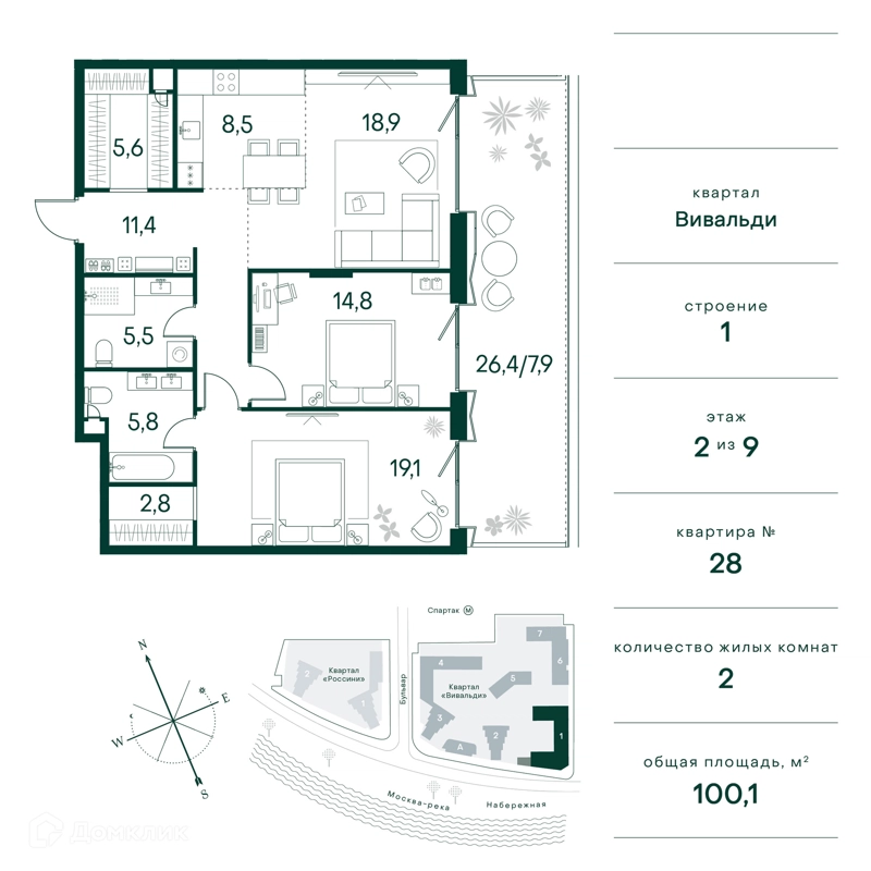 2-комнатная квартира 100 м² Клубный город на реке Примавера