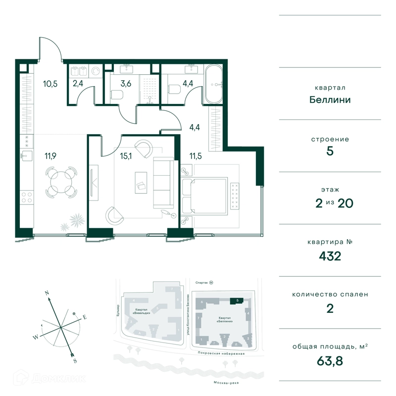 2-комнатная квартира 64 м² Клубный город на реке Примавера